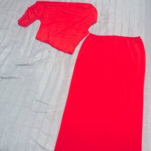 Shape Red Slinky Ruched Side Long Top and Low Rise Maxi Skirt Set